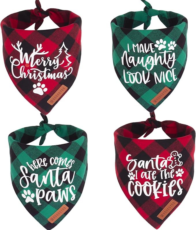 ADOGGYGO Christmas Dog Bandanas 4 Pack, Classic Plaid Triangle Pet Scarf Bibs Kerchief, Multiple Sizes Offered, Red Green Christmas Holiday Bandanas for X-Large Dogs Pets (X-Large)