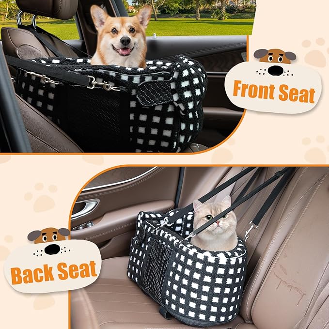 Dog Car Seat for Small Dogs, Center Console Dog Car Seat, Comfortable Pet CarSeat, Portable Pet Booster Seats with Safety Belt and Soft Cushion, Puppy CarSeats for Dogs & Cats Under 15 lbs