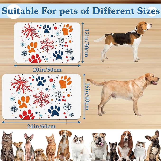 Chirstmas Snowflake Paw Pet Food Mat for Cats and Dogs–Absorbent Quick Dry Feeding Placemat, Non Slip Rubber Base, Waterproof Bowl Mat for Indoor Use, Pet Supplies 16"x24"
