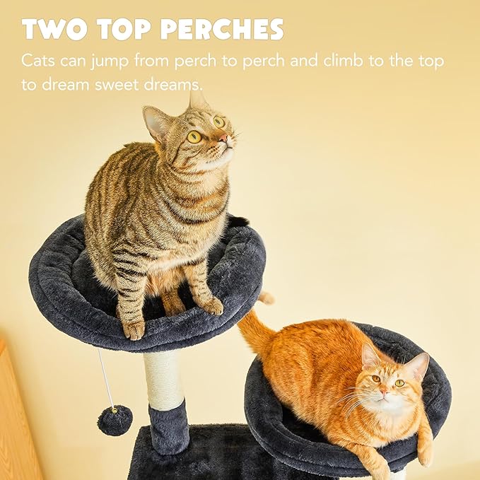 Cat Tree for Indoor Cats - 63in Multi-Level Large Cat Tower with 2 Big Cat Condos, 2 Padded Perches, Hammock, 6 Sisal-Covered Scratching Post and Toys for Kittens Pet Play House, Smoky Grey