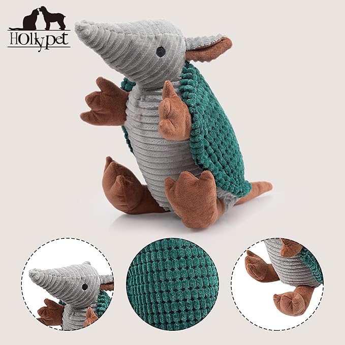 Hollypet Plush Dog Squeaky Toy Stuffed Armadillo Animal Pet Puppy Chew Toys with Clean Teeth for Small Medium Large All Breed Sizes Dogs, Deep Green, 14 in