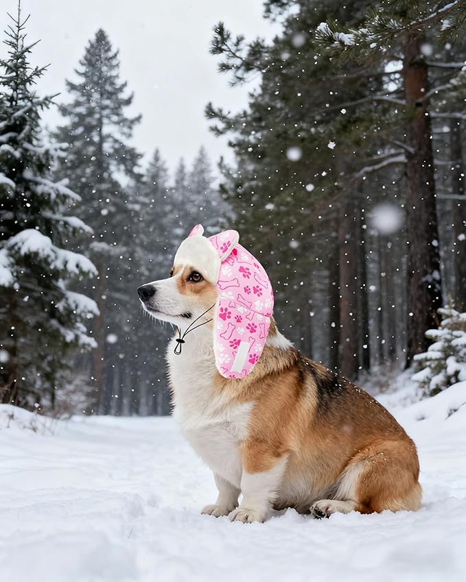 PET SHOW Dog Trapper Hat Winter Hat for Small Medium Dogs Warm Fleece Aviator Hats with Ear Flaps Adjustable Outdoor Girl Pet Pilot Costume Cap M-Pink Paw/Without Ear Holes