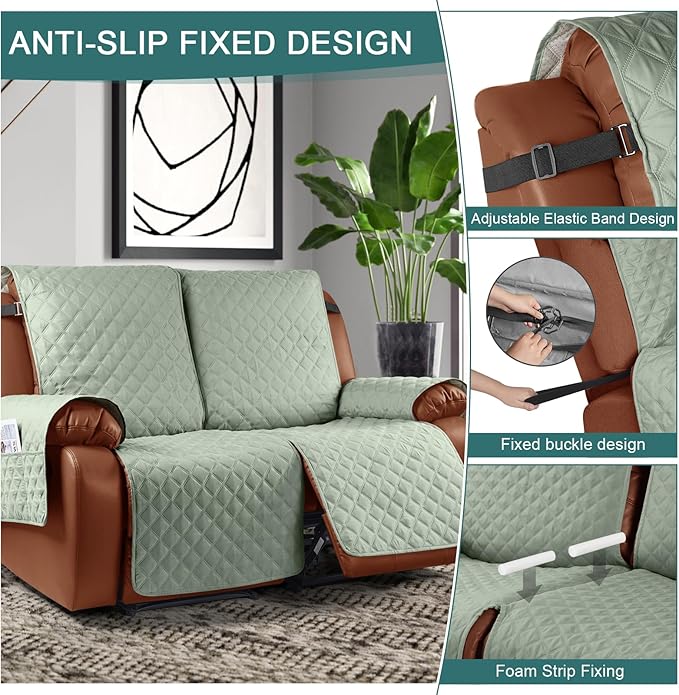 Ruaozz Waterproof Recliner Sofa Cover 1-Piece Couch Covers for Reclining Couches Reclining Sofa Cover Washable Furniture Protector with Elastic Straps Pocket for Kids, Pets (Sage Green, 2 Seater)