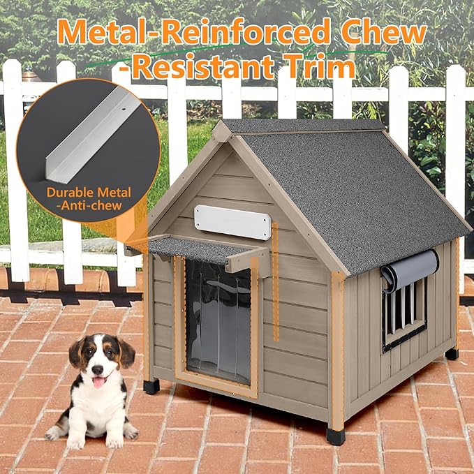 Dog House Outdoor Indoor for Small to Medium Dogs with Window, Anti-Chewing Iron Frame, Weatherproof Doghouse Kennel Puppy Shelter, Easy Clean and Assemble (32" W*26" L*32" H)