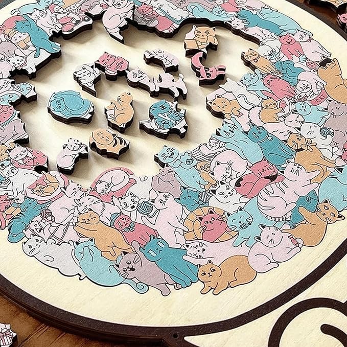 135-Piece Morandi-Colored Cat Shaped Wooden Jigsaw Puzzle, Cute Cat Puzzle, Challenging Irregular, Cute Home Decor for cat Lovers (F)