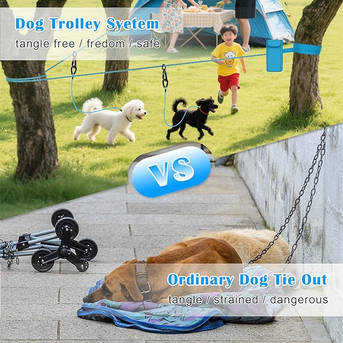 Upgraded Dog Tie Out Cable for Camping, 100FT Portable Trolley System for 2 Dogs, Knot-a-Hitch Dogs Hitching System up to 250lbs, Dog Runner for Yard Camping Training Running Hiking Outdoor