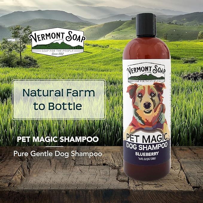 VERMONT SOAP Organics Pet Shampoo - Infused with Organic & Natural Olive Oil, Coconut & Aloe Vera Dog Shampoo for Sensitive Skin - USDA Certified Grooming Pet Shampoo - Blueberry (16oz)