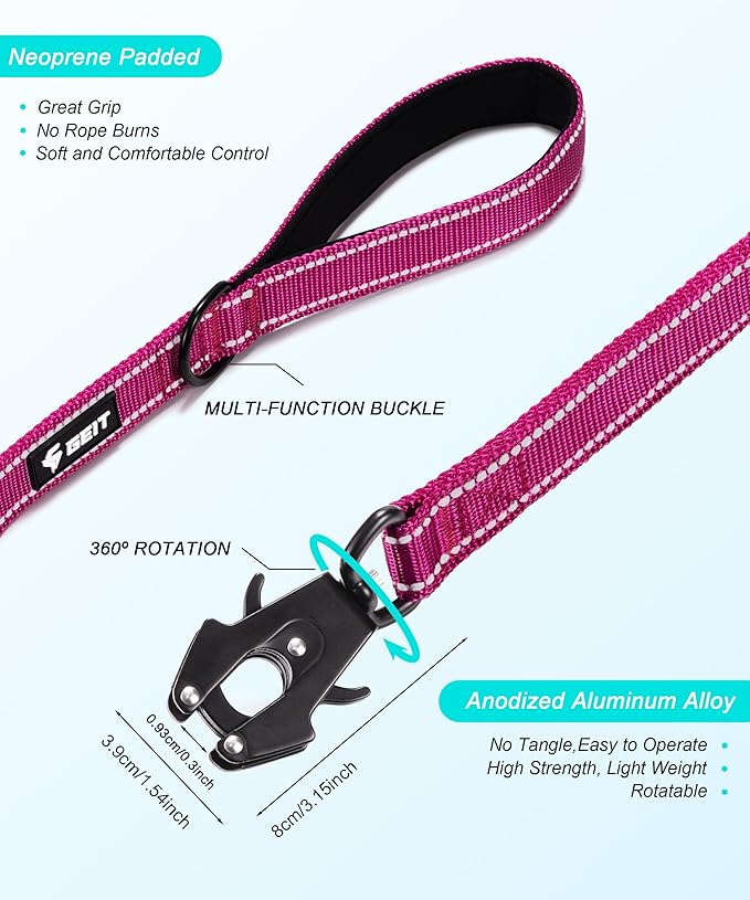 GEIT 4/5/6FT Heavy Duty Dog Leash with 2 Comfortable Padded Handles, Reflective Rope Leashes with Quick Release/Locking Tactical Frog Clip for Small Medium and Large Dogs, Rose