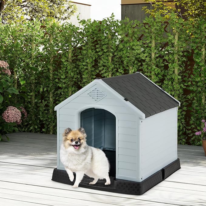 Giantex Dog House for Small Dogs, Waterproof Plastic Dog Houses with Air Vents and Elevated Floor, Easy to Assemble, Outdoor Cat Feeding Station Indoor Patio Backyard Dog Kennel House, Gray