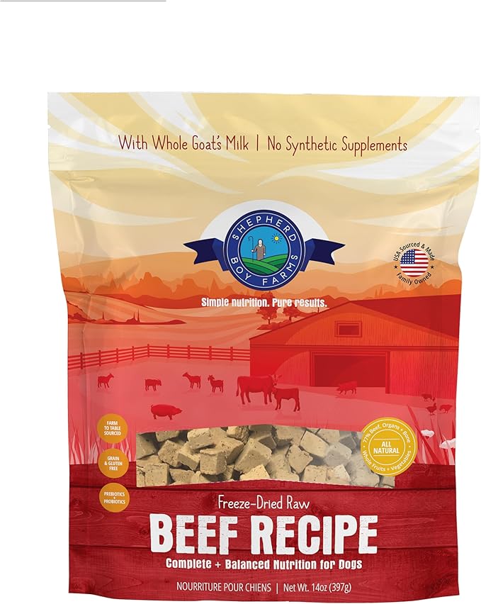 Shepherd Boy Farms Freeze Dried Raw Dog Food, All Natural, No Synthetics, Made in USA with Goat's Milk & Organic Produce, High Protein, Complete Meal (14oz, Beef)
