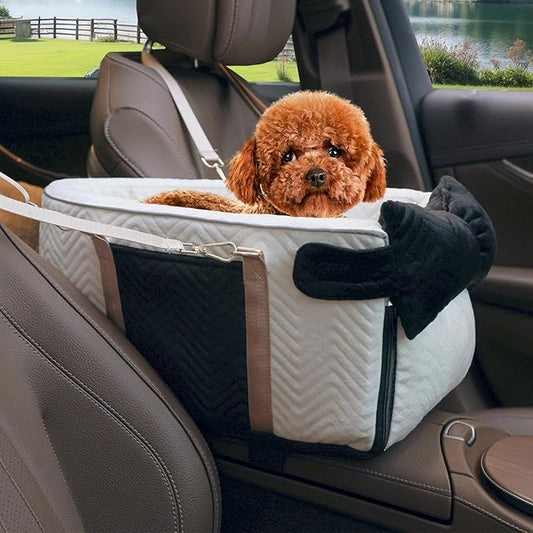 Dog Car Seat for Small Dogs, Portable Center Console Dog Car Seat, Pet Booster Seats with Safety Belt and Soft Cushion, Pet CarSeat for Dogs and Cats Under 15 lbs, White