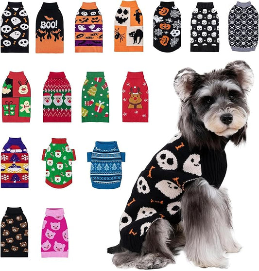 CuteBone Halloween Skull Dog Sweater for Large Dogs Black Turtleneck Pet Winter Clothes Cat Apparel with Leash Hole