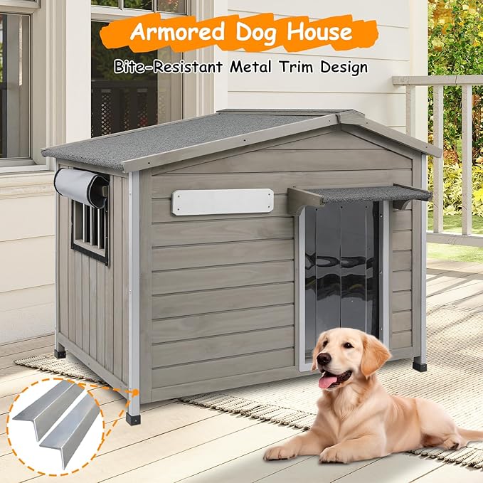Large Outdoor Dog House Waterproof for Small to Large Sized Dogs with Openable Asphalt Roof, Anti-Chewing Iron Frame, Window, Weatherproof Indoor Outside Kennel Puppy Shelter (40" L*26.4" W*33.5" H)