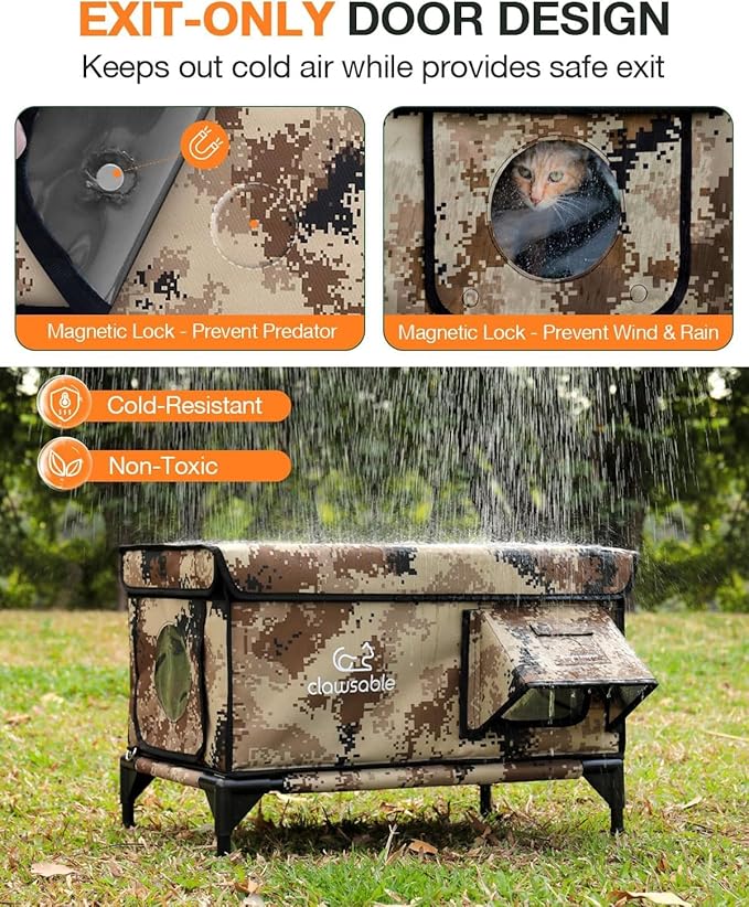 Indestructible Heated Cat House for Outside Winter, 100% Waterproof, Safe Escape Door, Insulated Outdoor Cat Shelter with Heater for Feral Barn Cat Kitty (Desert Camouflage, 29"x17"x20")
