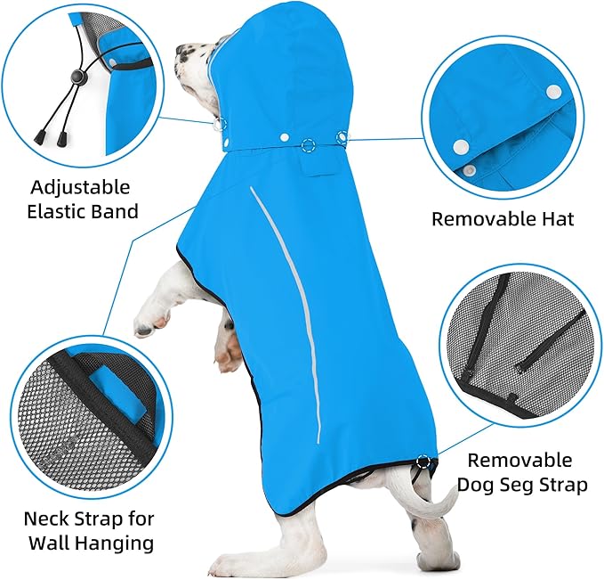 Mile High Life Dog Raincoat, Adjustable Waterproof Pet Rain Jacket, Reflective Hooded Poncho for Small Medium Large Dogs, Lightweight Breathable Pet Rain Coat (Blue,XS Chest 15"-18")