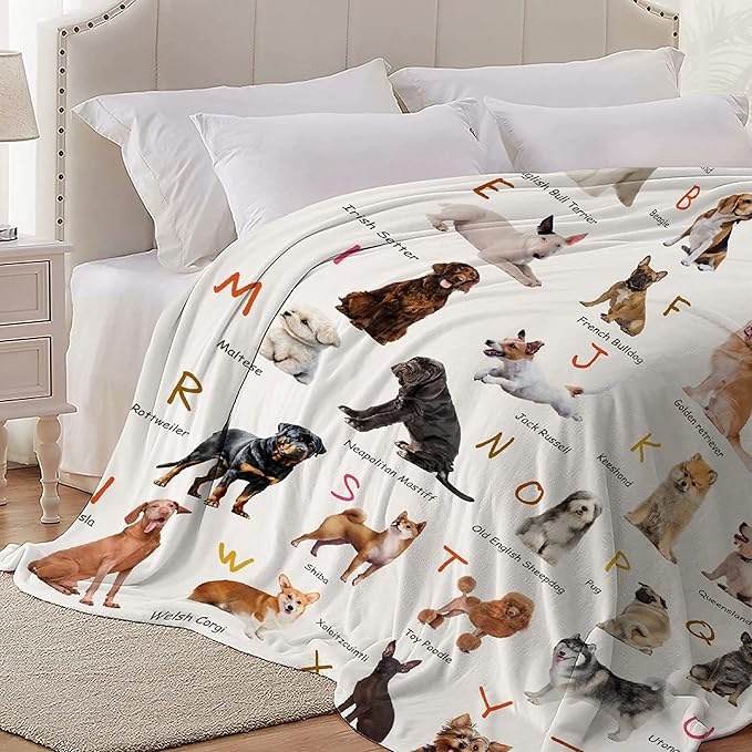 Dog Alphabet Print Blanket, Personalized Dachshund Blanket, Dog Gift for Dog Lovers Mom Dad Cute Dog Paw Prints Soft Flannel Throw Blanket for Bed Sofa Travel Large 80"x60" for Adults