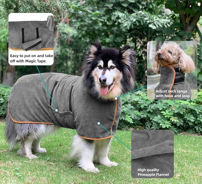 Dog Drying Coat Bathrobe Towel, Microfibre Material Fast Drying Super Absorbent Dog Bath Robe, Pet Quick Drying Moisture Absorbing with Adjustable Collar and Waist