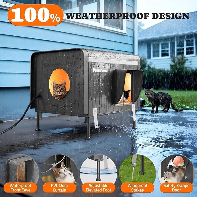 Pawtners Heated Outdoor Cat House for Outside Cats, 19'' Large Insulated Weatherproof Cat Shelter with Heated Pad, Elevated Feet & Escape Door, Warm Kitty House for Feral or Stray Cats in Winter