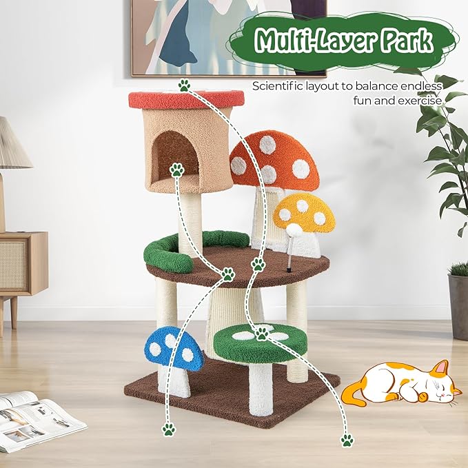 Tangkula Mushroom Cat Tree, Cute Cat Tower with Full-Wrapped Sisal Post, Scratching Board & Spring Ball, Cat Condo, Flower Cat Tree Tower for Indoor Cats Large Adult (40.5 Inch)