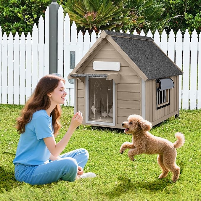 Dog House Outdoor Indoor for Small to Medium Dogs with Window, Anti-Chewing Iron Frame, Weatherproof Doghouse Kennel Puppy Shelter, Easy Clean and Assemble (32" W*26" L*32" H)