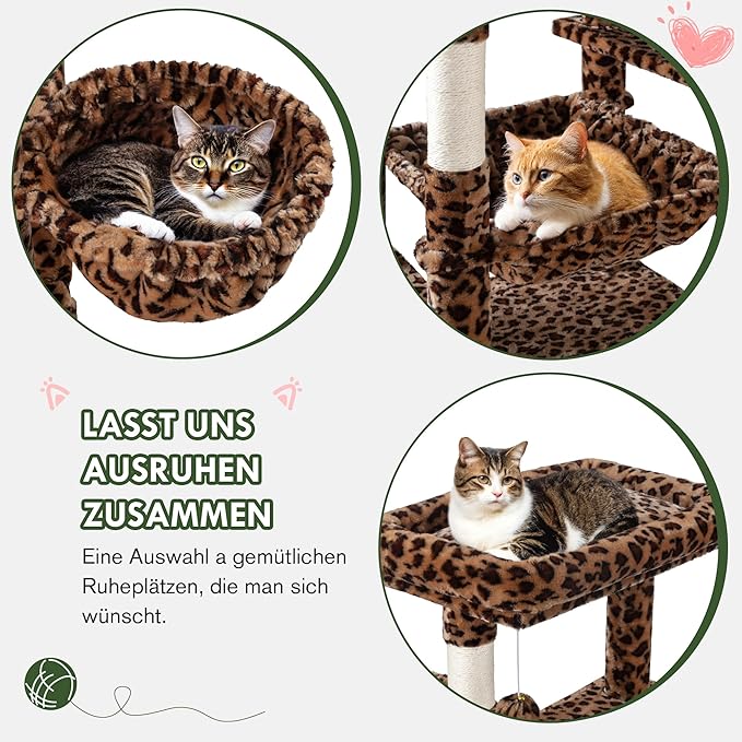 MUTICOR 81 inches Multi-Level Tall Cat Tree Tower for Indoor Kitties/Large Climbing Tree House for Big Feline/Condo/Sisal Scratching Posts/Plush Perches Platforms/Basket Hammock/Leopard Print