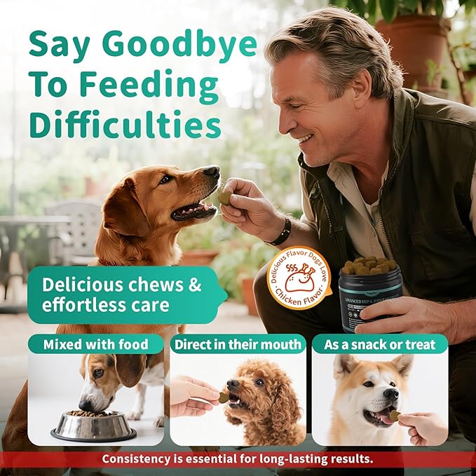 Advanced Dog Joint Supplement – 15-in-1 Glucosamine for Dogs with Chondroitin, MSM & Green Lipped Mussel – Hip & Joint Pain Relief Mobility Chews, Chicken Flavor, 90Ct Breeds