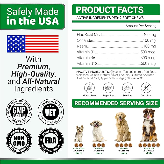 Flea and Tick Prevention for Dogs Chewables - 170 Treats - Natural Dog Flea and Tick Treatment Chewable Supplement - Oral Pills - All Breeds & Ages - Soft Chews - Made in USA - Chicken Flavor