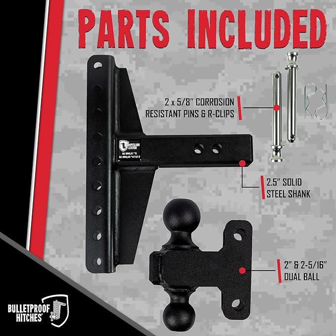 BulletProof Hitches - 2.5" Adjustable Heavy Duty Trailer Hitch (22,000 lb. Rating) - Offset 4" and 6" Drop/Rise Trailer Hitch with 2" & 2-5/16" Dual Ball Powder Coat, Solid Steel, Corrosion-Resistant