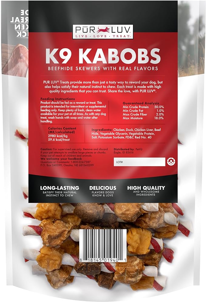 Pur Luv Dog Treats, K9 Kabobs Made with Real Chicken, Duck, and Sweet Potato, 12 Ounces, Dog Snacks, Healthy, Easily Digestible, Long-Lasting, High Protein Treat, Satisfies Urge to Chew