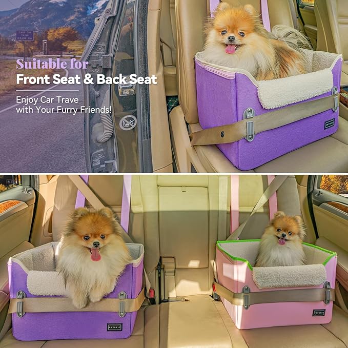 PETSFIT Small Dog Car Seat – Patented Safety Buckles – Safety Tether – Foldable Travel Dog Booster Car Seat Reduces Anxiety & Road Trips – Stable Frame, Soft Cushion, Fits Front/Back Seat (Purple)