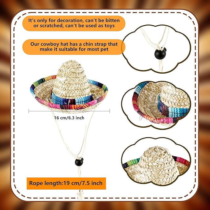 8 Pcs Pet Sombrero Hats Mini Sombrero Cap Cinco de Mayo Fiesta Hat Small Mexican Straw Hat for Puppy Dogs Cats Fiesta Party Decorations