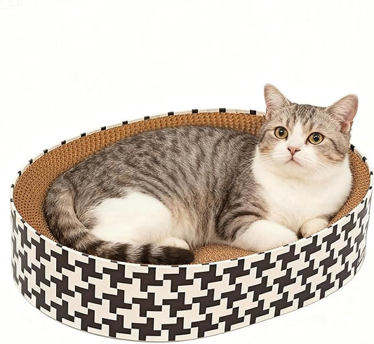 2-in-1 Oval Cat Scratcher Cardboard Bed Lounge, Durable Cat Scratch Pad for Indoor Cats/Kittens, Corrugated Kitty Scratching Bowl with Furniture Protector, 16.33 * 13.19"