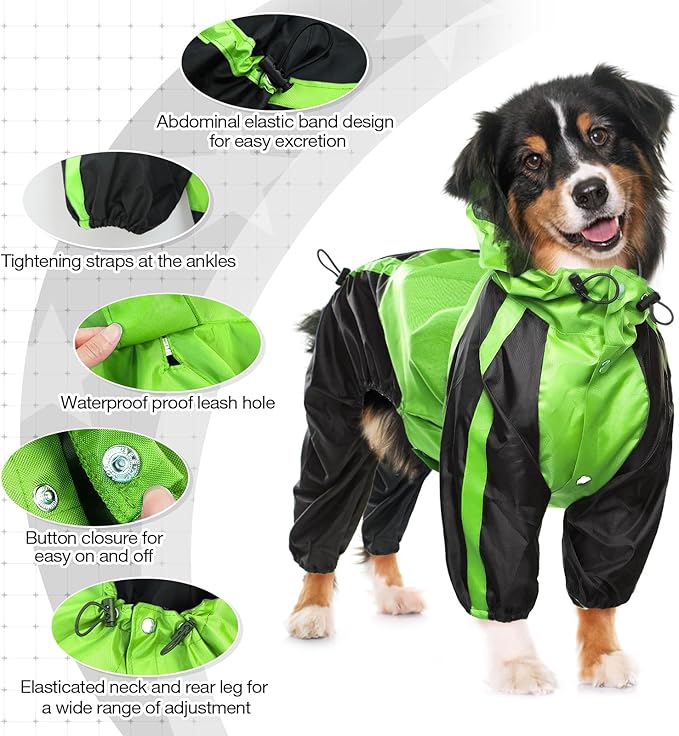 Dog Raincoat, Waterproof Dog Rain Coats for Large Dogs, Lightweight Rain Jacket, Adjustable 4 Legs Pet Poncho with Hood, Snow-Proof Dog Vest Rainwear, Rain Clothes Apparel with Leash Hole