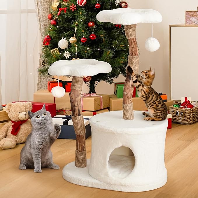 NATURAL EXPRESSIONS Modern Cat Tree and Tower for Indoor, Luxury Solid Wood Condo for Large Cats, Flower Cat Tree with Scratching Post, Cat Climbing Furniture with Cat Hiding Enclosure