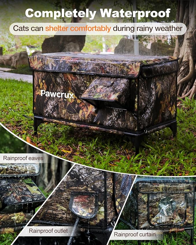Weatherproof Heated Cat House for Outdoor in Winter, Heated Cat Bed Kitty Shelter with Cat Heating Pad, Insulated & Safe Escape Door, Warm House for Outside Stray Cat(Leaf Color, 17.6"x25.5"x17.9")