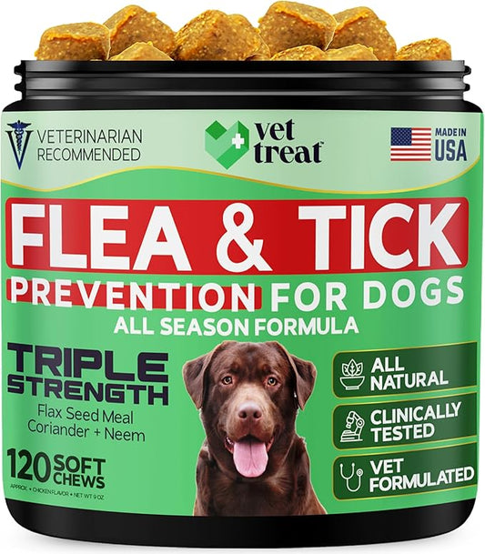Flea and Tick Prevention for Dogs Chewables -Made in USA- Natural Dog Flea and Tick Treatment - Oral Flea Pills - Vet Recommended Flea and Tick Chews - All Breeds & Sizes - 120 Soft Treats