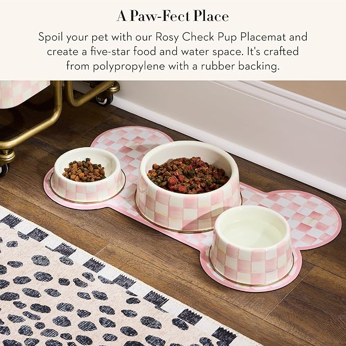 MACKENZIE-CHILDS Pup Placemat, Cute Pet Food Mat for Dog Bowls and Cat Bowls, Pink-and-White Rosy Check