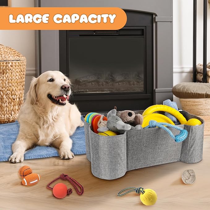 Lukeline Large Dog Toy Basket, Bone Shape Dog Toy Storage Box, Foldable Fabric Storage Bin for Pet toys and Pet Supplies, 26.4 * 12.6 * 9.5 Inches (1 Pack-Grey)