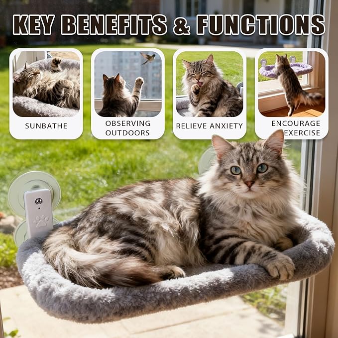 Cat Window Perch with Strong Suction Cups, Cat Window Hammock Foldable Bed with Breathable Mesh, All-Season Lounger for Medium Small Cats to Bird Watch & Sunbathe (Grey, L)