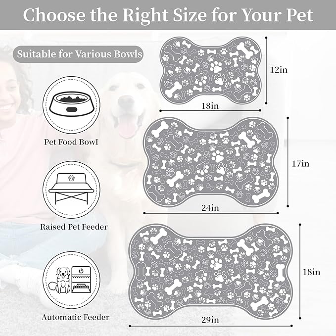 Dog & Cat Food Mat Bone Shaped Pet Feeding Mat Quick Absorb Water Bowl Placemat with Rubber Backing Indoor Floor Stain Resistant Pet Accessory Supplies (Grey, 16x24 Inches)