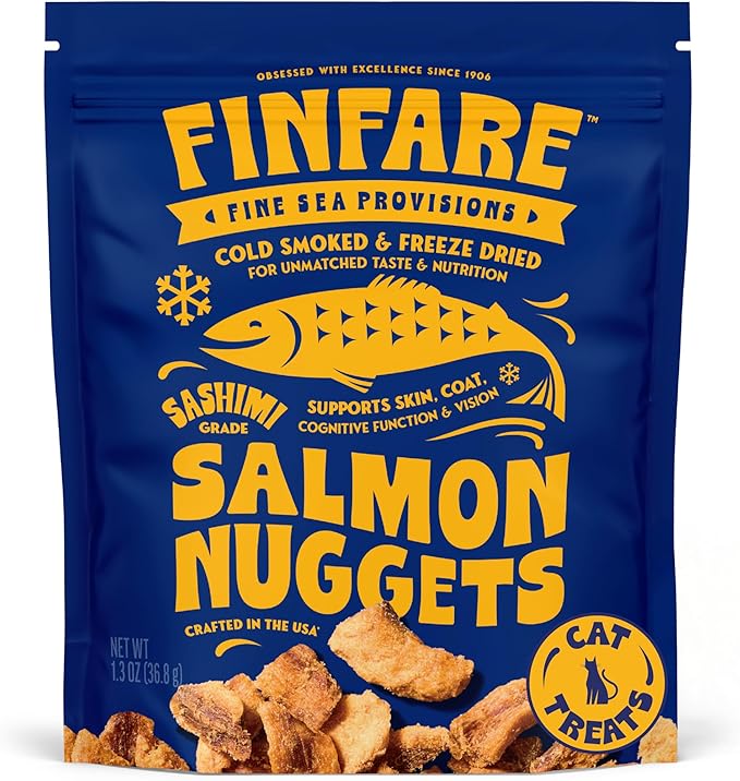 Finfare Freeze Dried Salmon Nuggets, Grain Free Salmon Cat Treats, High Protein & Omega-3s to Support Skin, Coat & Wellness, Crafted in USA, 1.3oz