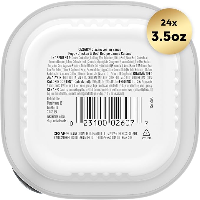 Cesar Puppy Wet Dog Food Classic Loaf in Sauce Chicken & Beef Recipe, 3.5 oz. Easy Peel Trays (24 Count, Pack of 1)