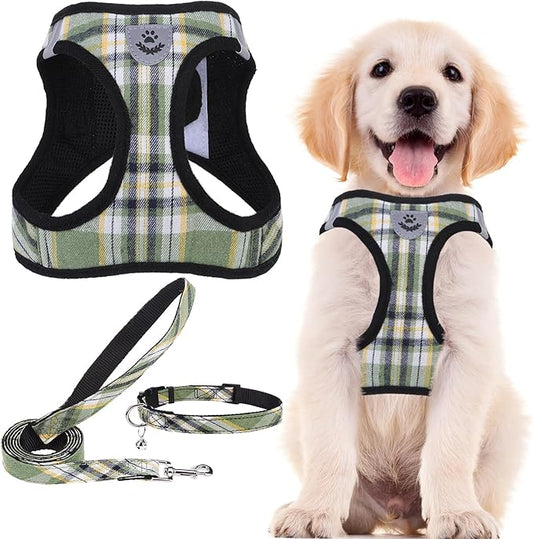 PUPTECK Adjustable Dog Harness Collar and Leash Set Step in No Pull Pet Harness for Small Medium Dogs Puppy and Cats Outdoor Walking Running, Soft Mesh Padded Reflective Vest Harnesses, Grn&YLW, XS