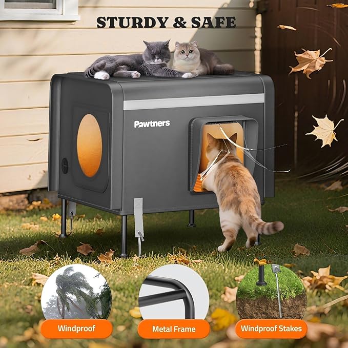 Pawtners Heated Outdoor Cat House for Outside Cats, 19'' Large Insulated Weatherproof Cat Shelter with Heated Pad, Elevated Feet & Escape Door, Warm Kitty House for Feral or Stray Cats in Winter