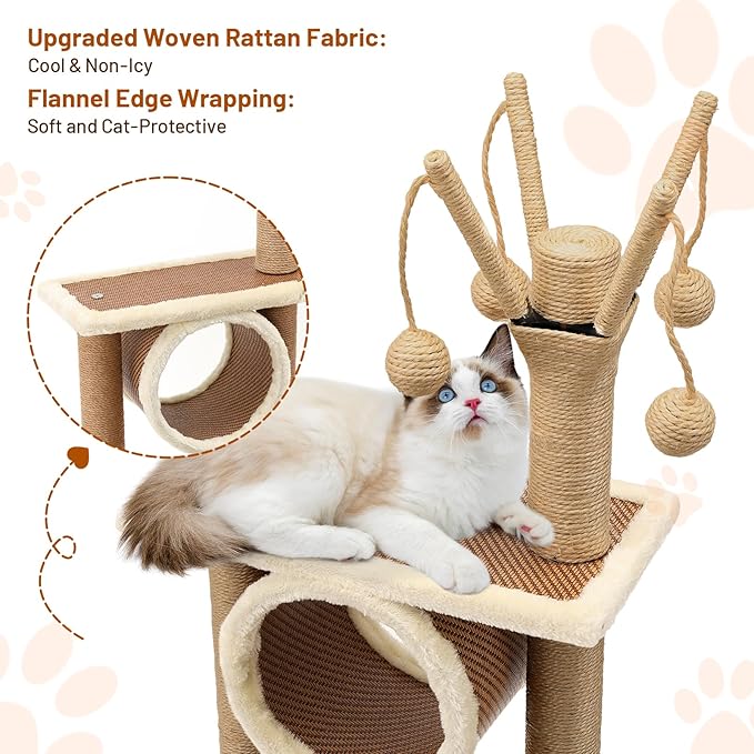 Modern Rattan Cat Tree House Condo Tall Heavy Duty Cat Climbing Tower with Scratching Post,Basket,Bed,and Stand for Indoor Large Adult Cat