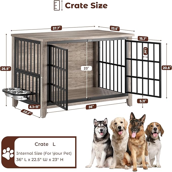 Lulive 37.8" Dog Crate Furniture, Large Wooden Dog Kennel Indoor with 360°& Adjustable Raised Dog Bowls, Double Doors Furniture Decorative Side End Table Dog Cage for Medium Dogs, Grey