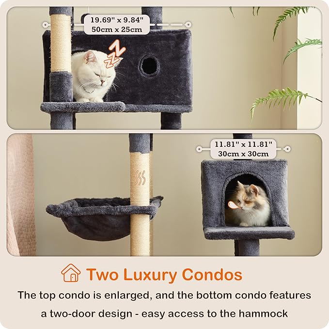 Ouritsu Cat Tree, 57 inch Cat Tower for Large Cat Indoor, 2 Top Perches with 1 Widened, 2 Condos with 1 Enlarged, Steel Frame Hammock, Scratching Posts and Scratching Pad, Dark Gray, LF003DG
