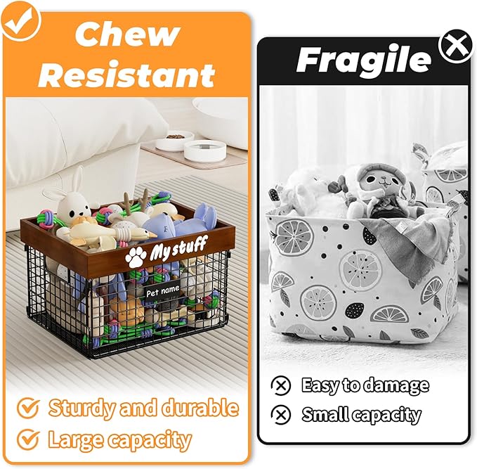 Dog Toy Bin Toy Basket Metal Storage Box with Handles Dog Organizer Chew-Proof Dog Toy Box Blankets Leashes Chest Puppy Dog Toy Storage Wood Metal Container Home Decor Pet Toys Dog Cat