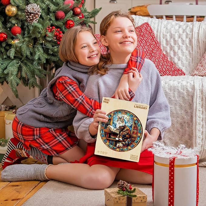 Wooden Puzzles for Adults - Maine Cat Library Wooden Jigsaw Puzzle, Unique Animal Shaped Wood Puzzles Adult, Christmas Birthday Gifts for Friends/Family, Home Decor 8.5 * 8.5in 100pcs