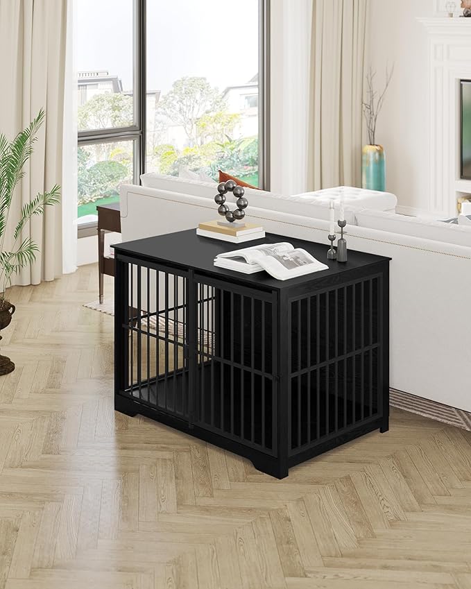 XL Large Dog Crate Furniture, 44.1" Indoor Dog Kennel Furniture with Barn Door, Wooden Tall Dog Crate, Heavy Duty Dog Cage for Large Dogs, Side End Table, Anti-Chew, Black DFC80104B
